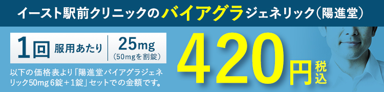 イースト駅前クリニックのバイアグラジェネリック(陽進堂) 1回服用あたり 25mg 420円(税込)