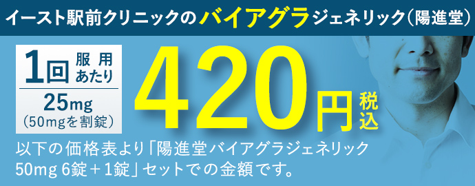 イースト駅前クリニックのバイアグラジェネリック(陽進堂) 1回服用あたり 25mg 420円(税込)