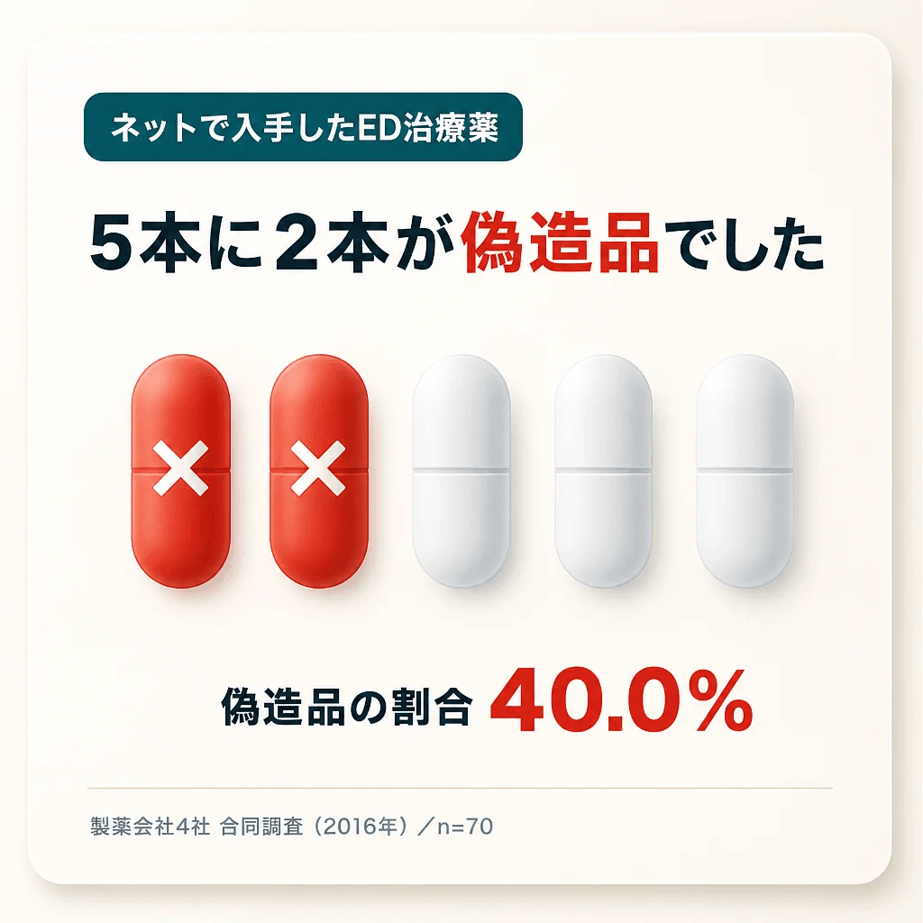 ネットで入手したED治療薬 5本に2本が偽造品でした 偽造品の割合40.0% 製薬会社4社 合同調査（2016年）/n=70