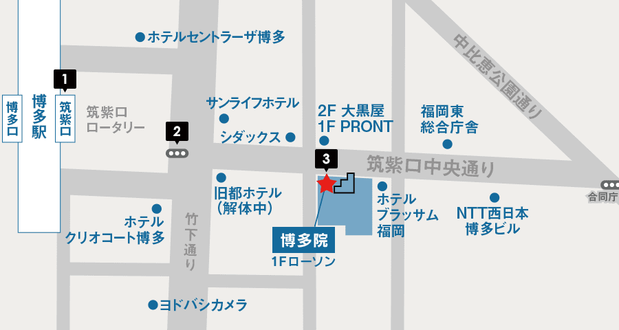 JRからイースト駅前クリニック博多院へのアクセスマップ