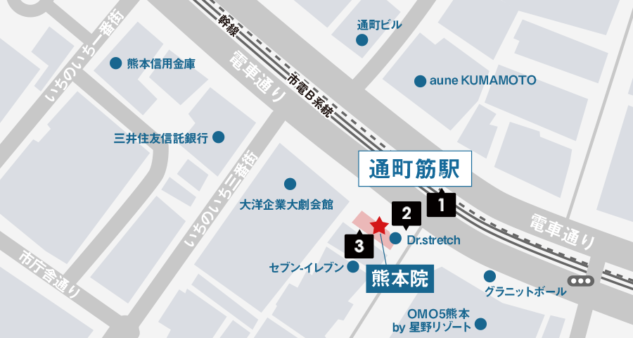 通町筋駅からイースト駅前クリニック熊本院へのアクセスマップ