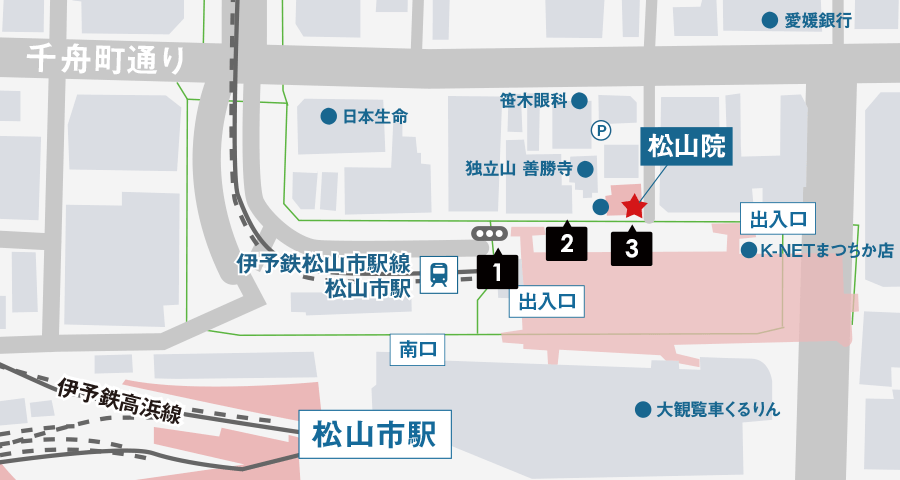 伊予鉄松山市駅からイースト駅前クリニック松山院へのアクセスマップ