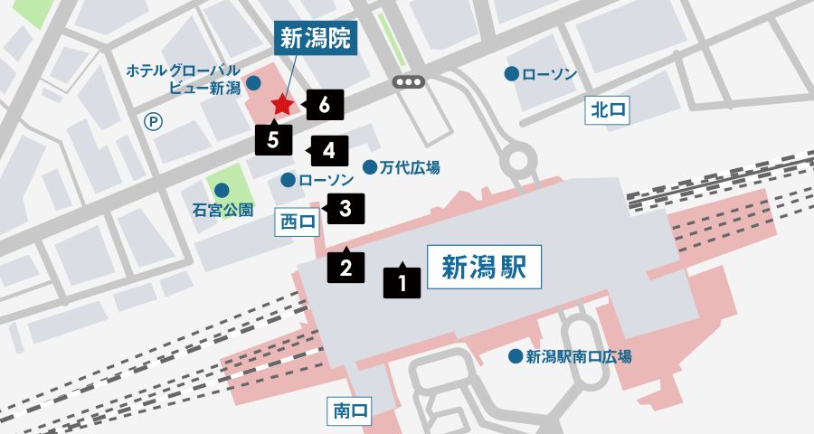 JR新潟駅からイースト駅前クリニック新潟院へのアクセスマップ
