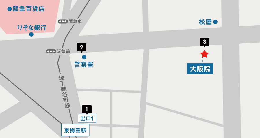 谷町線からイースト駅前クリニック大阪院へのアクセスマップ