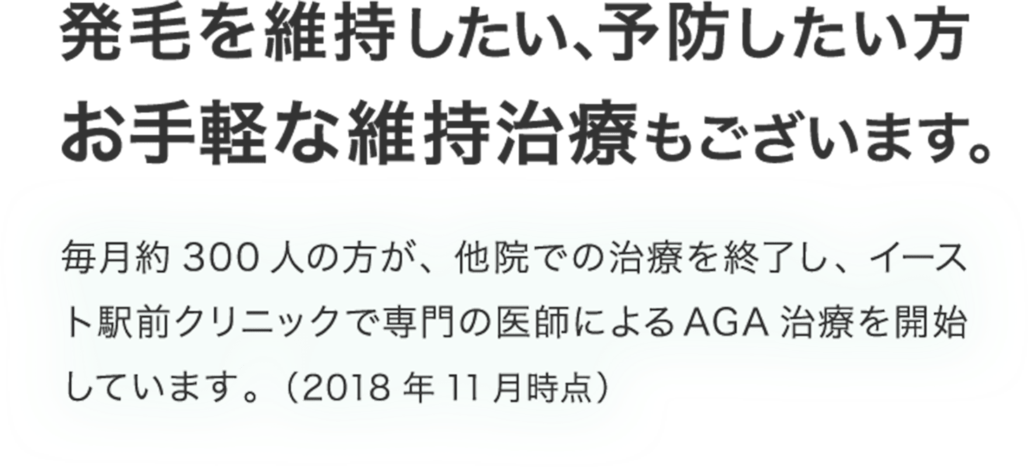 そのAGA治療、続けられますか？毎月約300人の方が、他院での治療を終了し、イースト駅前クリニックで専門医師によるAGA治療を開始しています。（2018年11月時点）