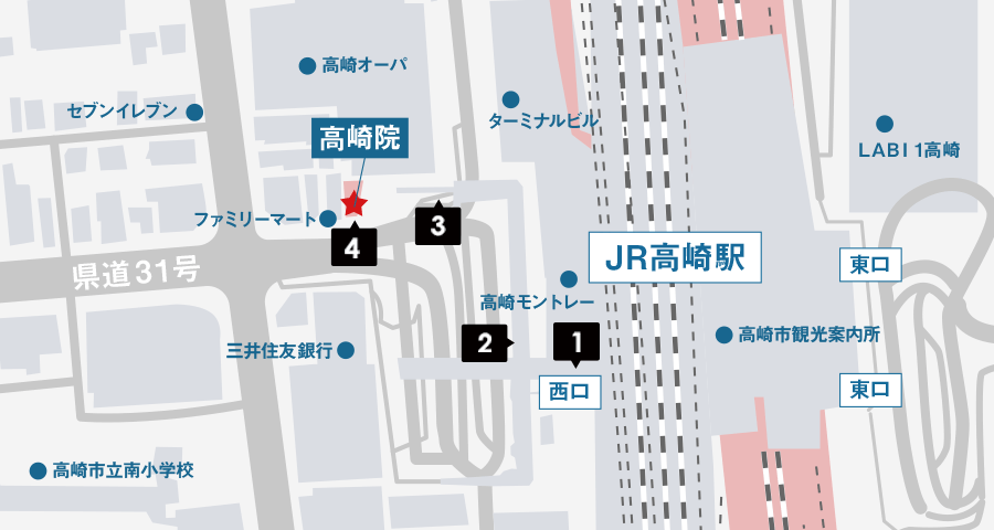 JR高崎駅からイースト駅前クリニック高崎院へのアクセスマップ