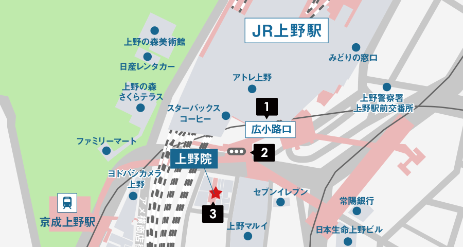 JR上野駅からイースト駅前クリニック上野院へのアクセスマップ