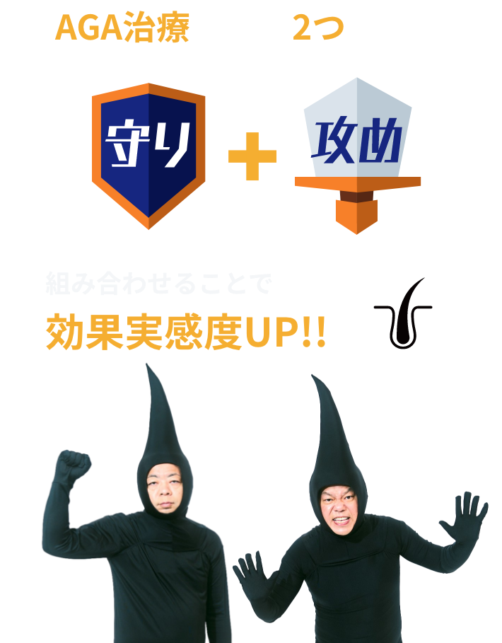 AGA治療は大きく2つに分けて守り+攻め。組み合わせることで効果実感度UP！