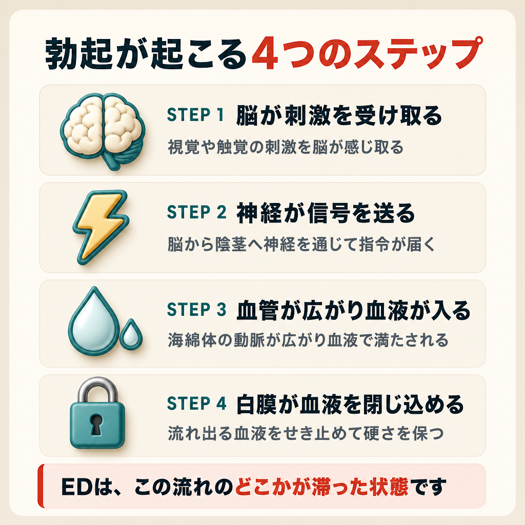 EDが起こるしくみ。脳が刺激を受け取り、神経が信号を送り、陰茎の血管が広がって血液が入り、白膜が血液を閉じ込めて硬さを保つ。EDはこの流れのどこかが滞った状態